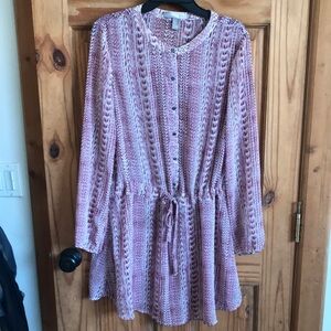 Love 21 Aztec maroon Dress western top sheer long sleeve tie waist medium womens